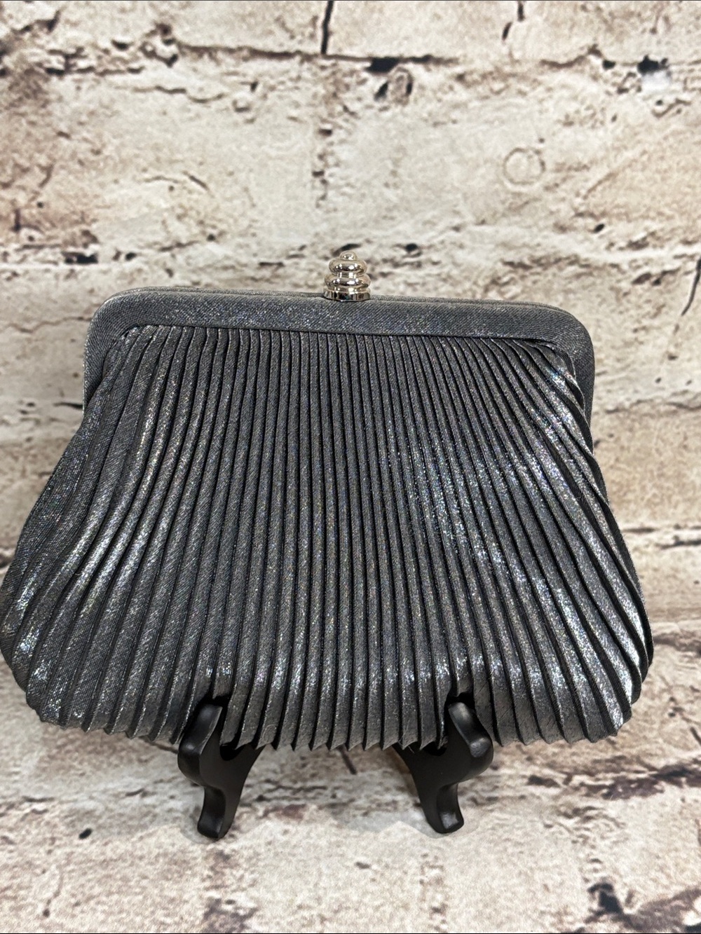 Pleated Metallic Pewter Evening Clutch with Chain Strap
